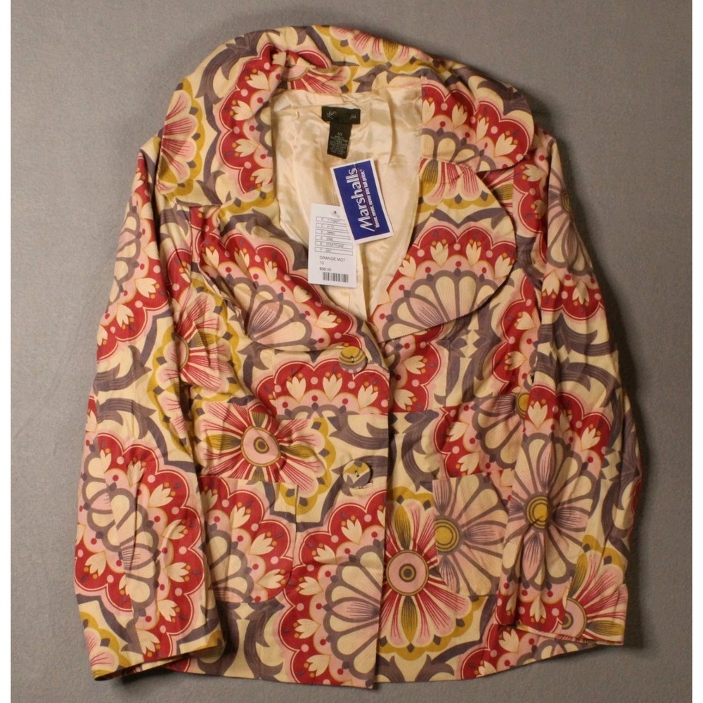 Fei Womens Floral Blazer Jacket Size 10 Retro Mod Orange Pink Cotton‎ Lined NWT